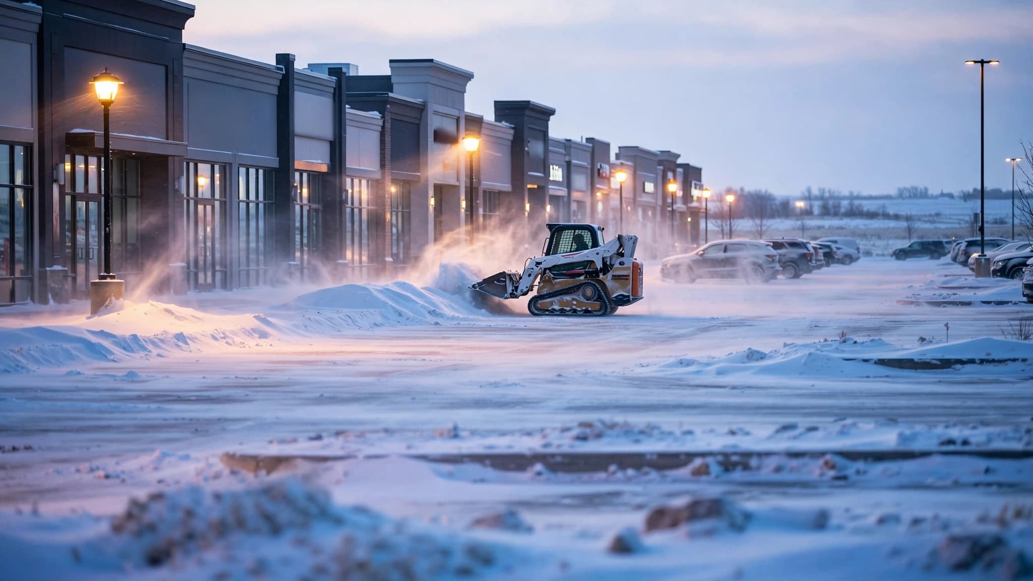 Compact skid-steer clearing a wind-drifted snow bank along storefronts in a Winnipeg retail plaza parking lot at dawn