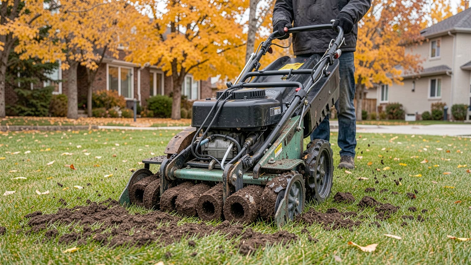 A commercial lawn aerator extracting soil cores across a residential yard during a fall lawn aeration service.