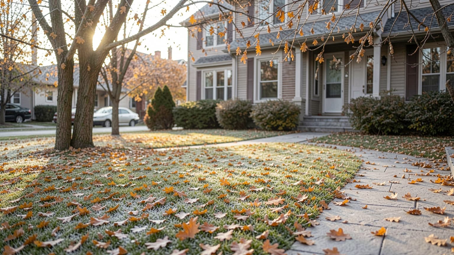 Mid-October yard with oak leaves over frosted grass prepared for a fall cleanup