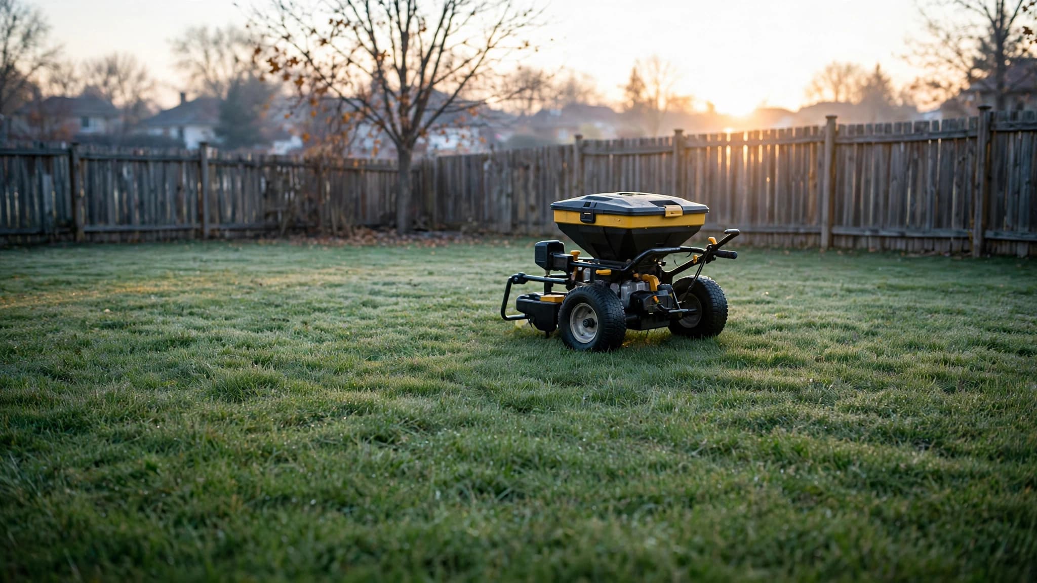Winnipeg backyard lawn at dawn in late October, green turf beside a wood fence with a walk-behind spreader parked on the gras
