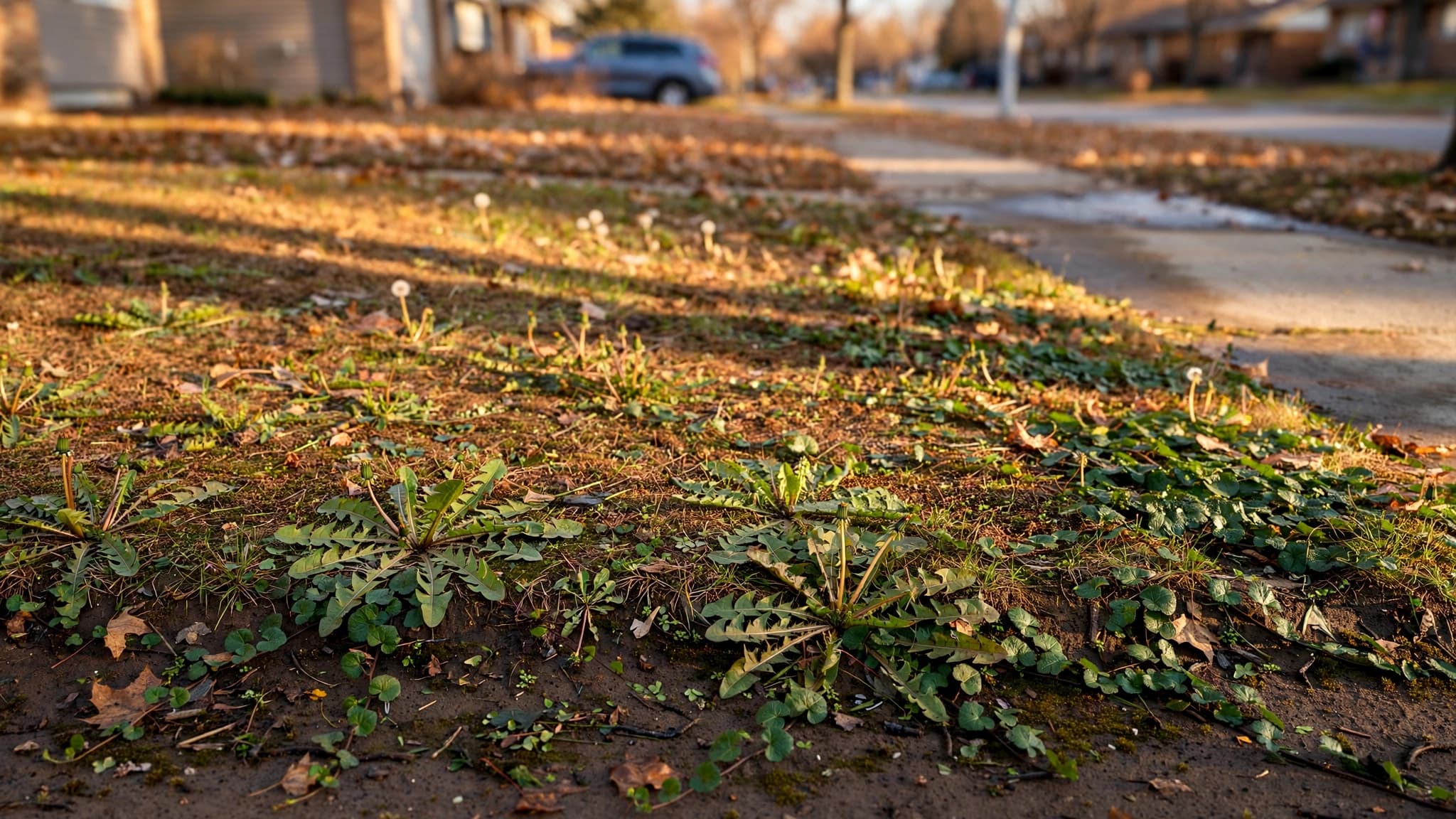 Winnipeg lawn edge in October with dandelions and creeping Charlie growing in damp clay, a common weed removal service job