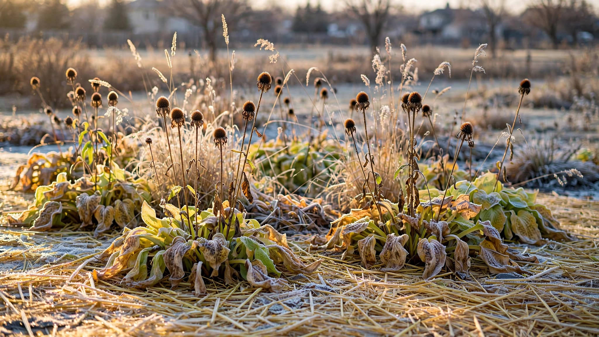 Late October Winnipeg garden bed mulched with straw around hosta crowns, with coneflower and grass seed heads left standing a